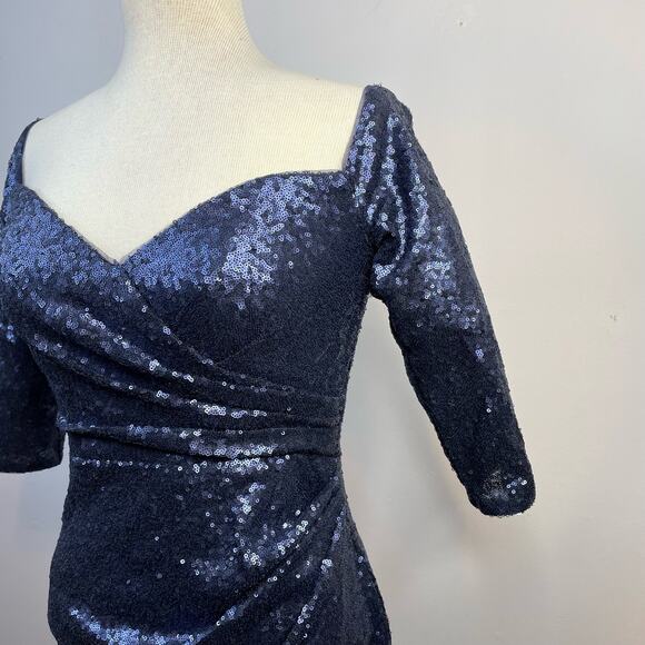 Rene Ruiz Collection Blue sequined ruched Knee Length Event Formal Dress 6 - Picture 4 of 15